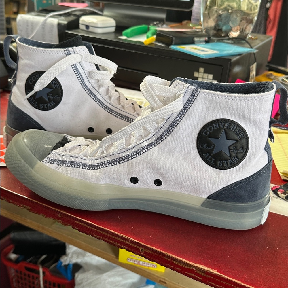 Men 11 Converse Chuck Taylor White Hi High Top Clear Translucent Blue Ice Soles - Picture 3 of 7